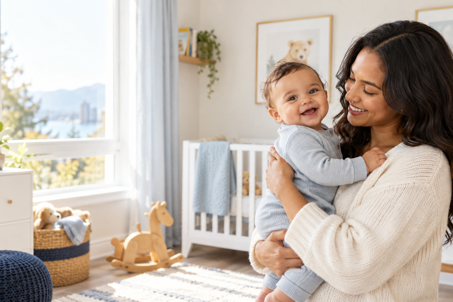 A parent holding a smiling baby in a bright nursery