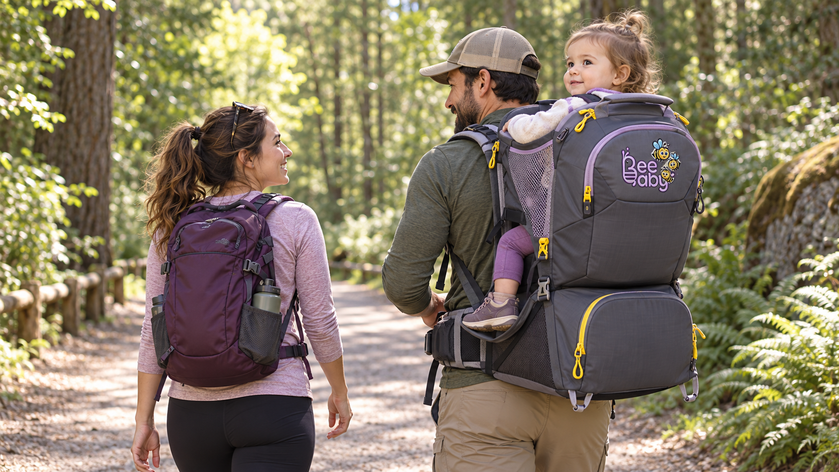 Concept scene of a mother and father hiking with backpacks and a BeeBaby child carrier on a broad woodland trail