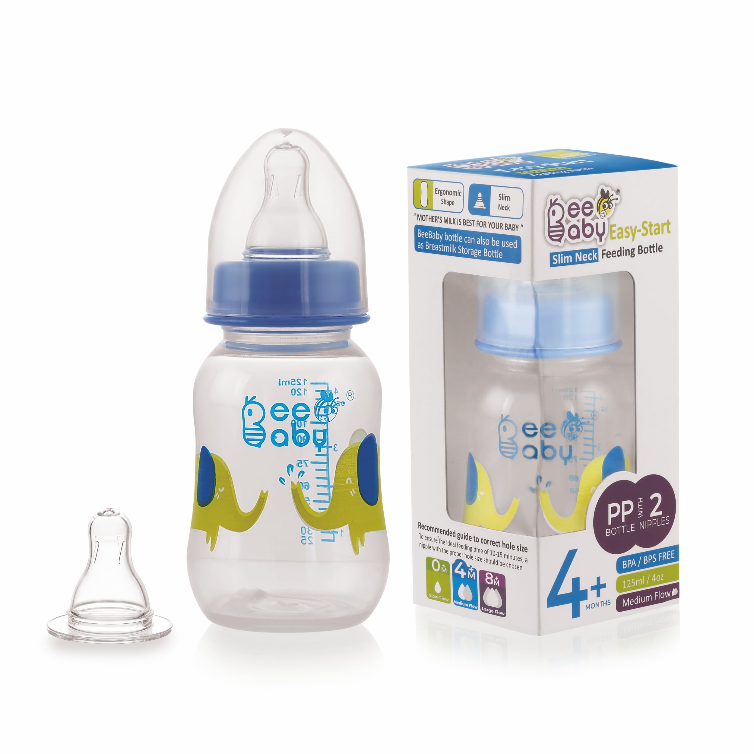 Blue BeeBaby Easy Start 125 mL bottle with an extra nipple