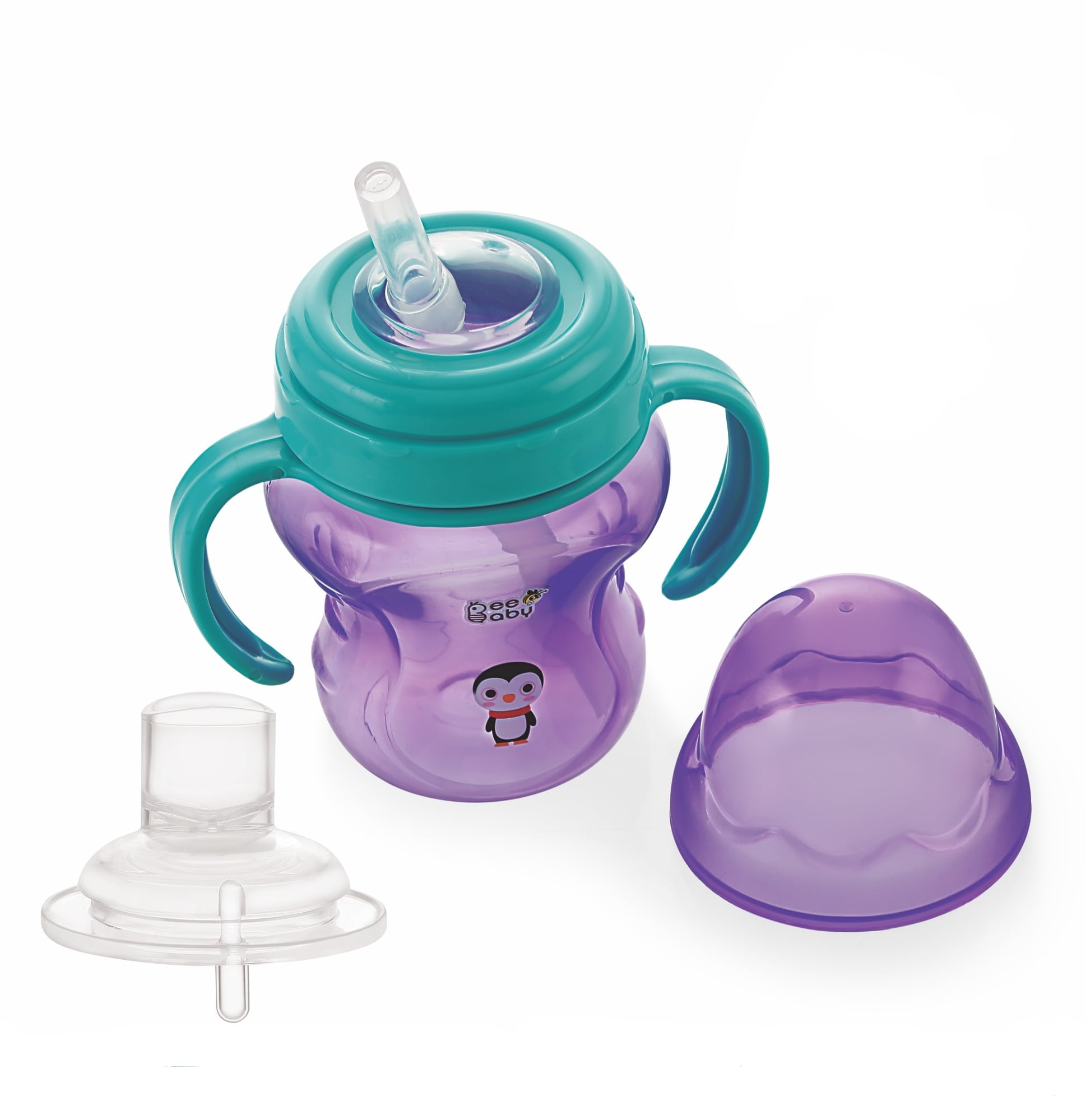 Purple BeeBaby 2-in-1 sippy cup with turquoise handles